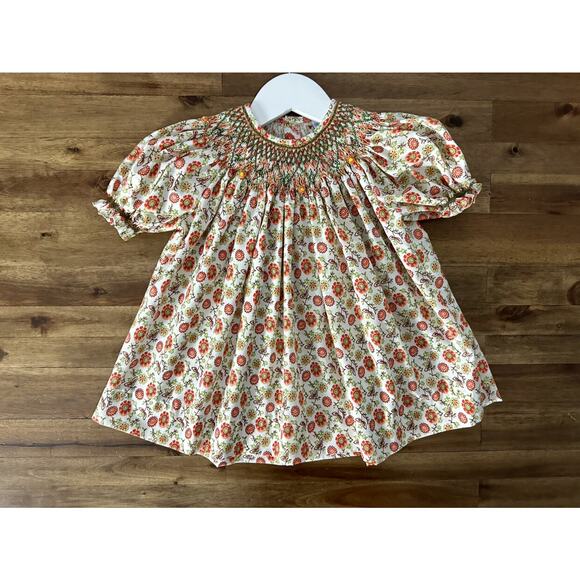 Remember Nguyen Fall Floral Smocked Tunic Top Cream Orange Green Short Sleeves 4 - Picture 2 of 10